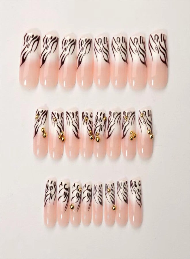 SINHOT Press on Nails - Medium Square Fake Nails, Glossy Finish, Zebra Stripes & Gold Pearls, DIY Artificial False Nail Art - 24 Pcs Nail Kit with Glue - Image 2